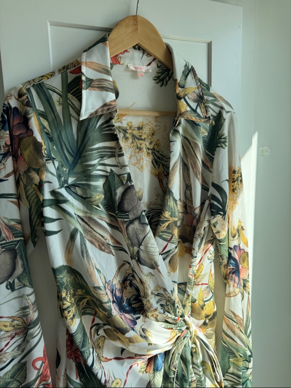 Vici Tropical Floral Wrap Dress in White, Green, Yellow - Picture 7 of 12